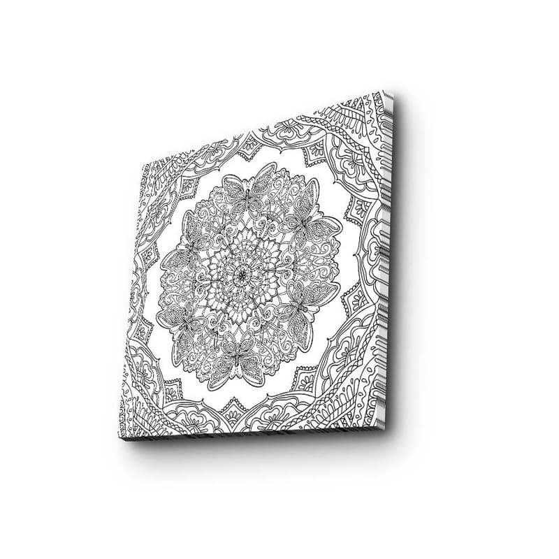 Canvas-taulu 45x45 cm - Monimutkainen mandala perhosilla ja kukilla, Musta / Valkoinen