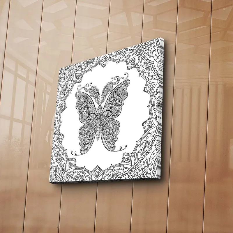 Canvas-taulu 45x45 cm - Monimutkainen perhoskuvio koristeellisten yksityiskohtien ympäröimänä - Musta / Valkoinen - Sisustustuotteet - Taulu & taide - Canvas-taulu