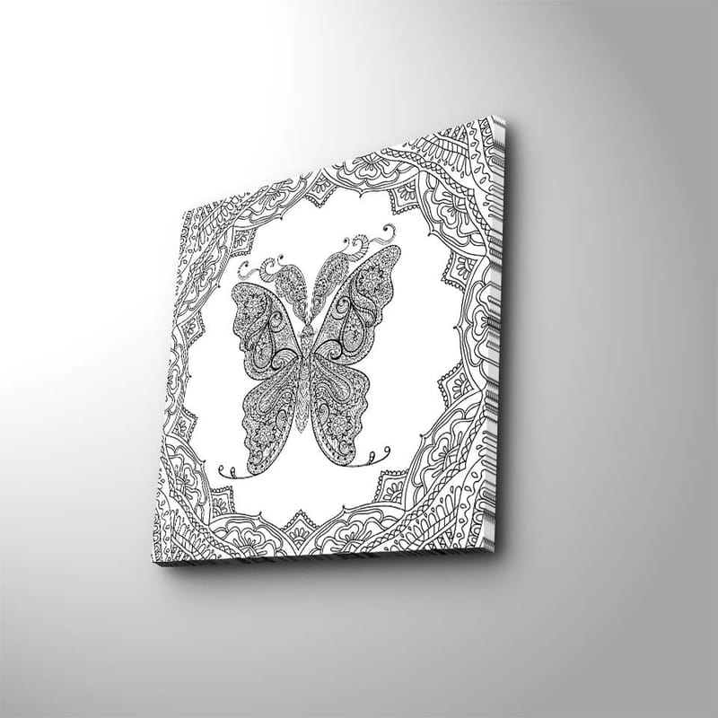 Canvas-taulu 45x45 cm - Monimutkainen perhoskuvio koristeellisten yksityiskohtien ympäröimänä - Musta / Valkoinen - Sisustustuotteet - Taulu & taide - Canvas-taulu