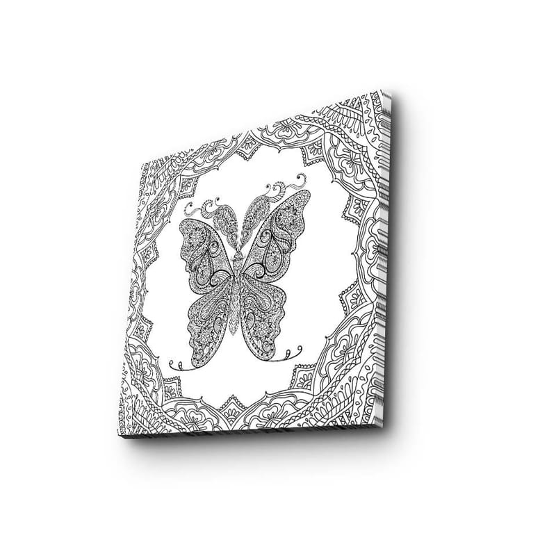 Canvas-taulu 45x45 cm - Monimutkainen perhoskuvio koristeellisten yksityiskohtien ympäröimänä, Musta / Valkoinen