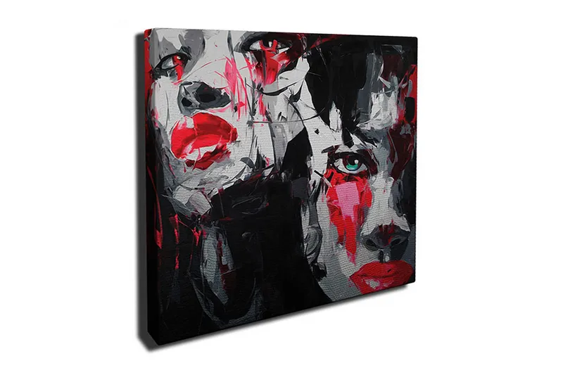 Canvas-taulu 45x45 cm - Muotokuva kahdesta kasvosta, joissa on voimakkaita tunteita, Punainen / Musta / Harmaa