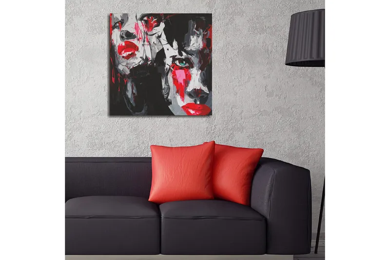 Canvas-taulu 45x45 cm - Muotokuva kahdesta kasvosta, joissa on voimakkaita tunteita - Punainen / Musta / Harmaa - Sisustustuotteet - Taulu & taide - Canvas-taulu