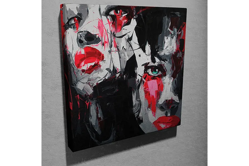 Canvas-taulu 45x45 cm - Muotokuva kahdesta kasvosta, joissa on voimakkaita tunteita - Punainen / Musta / Harmaa - Sisustustuotteet - Taulu & taide - Canvas-taulu