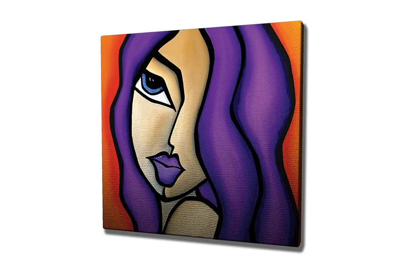 Canvas-taulu 45x45 cm - Muotokuva naisesta, jolla on violetit hiukset ja ilmeikkäät kasvonpiirteet, Violetti / Oranssi / Beige