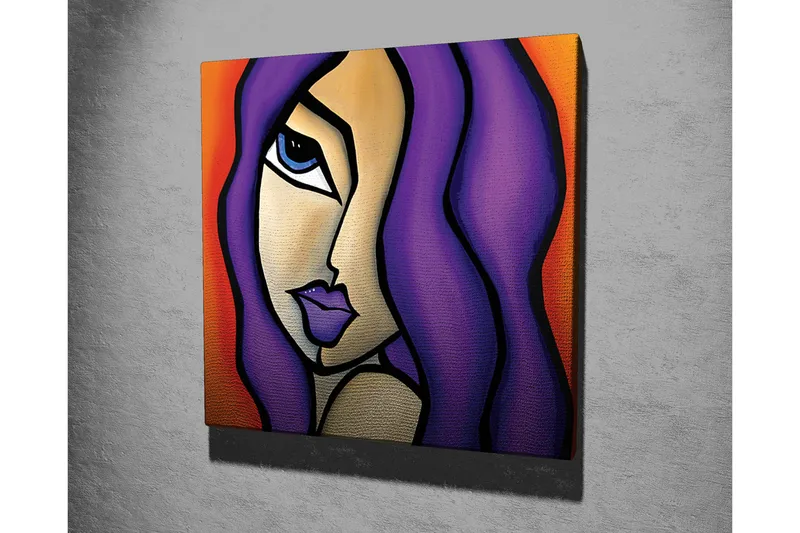 Canvas-taulu 45x45 cm - Muotokuva naisesta, jolla on violetit hiukset ja ilmeikkäät kasvonpiirteet - Violetti / Oranssi / Beige - Sisustustuotteet - Taulu & taide - Canvas-taulu