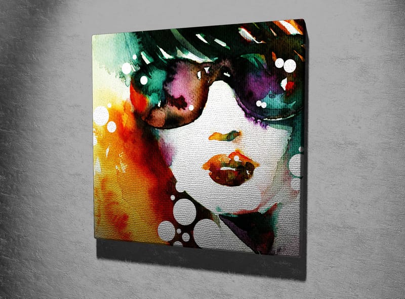 Canvas-taulu 45x45 cm - Muotokuva naisesta aurinkolaseissa ja värikkäässä taustalla - Vihreä / Oranssi / Violetti - Sisustustuotteet - Taulu & taide - Canvas-taulu