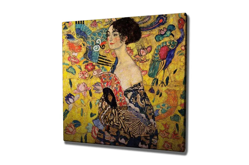 Canvas-taulu 45x45 cm - Muotokuva naisesta viuhkan kanssa, värikkäiden lintujen ja kukkien ympäröimänä, Keltainen / Sininen / Punainen