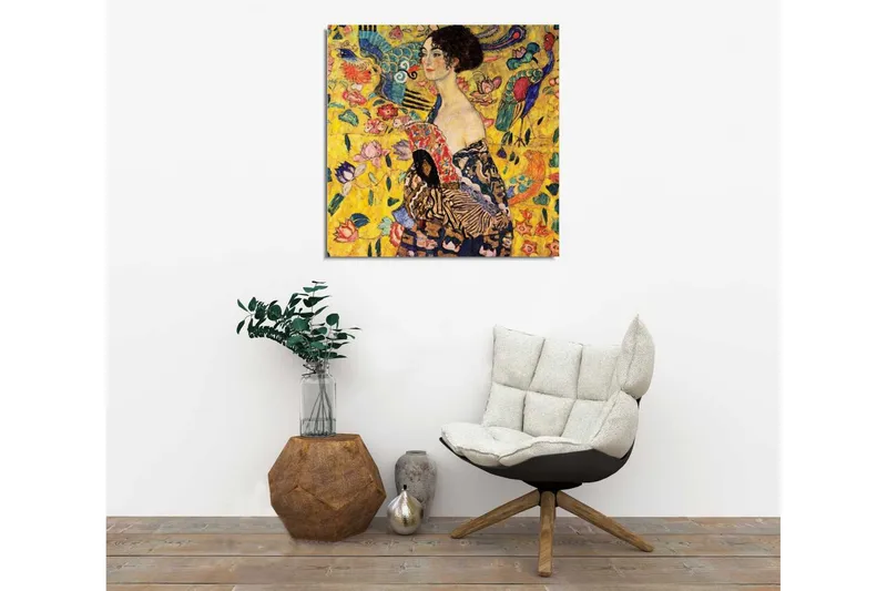 Canvas-taulu 45x45 cm - Muotokuva naisesta viuhkan kanssa, värikkäiden lintujen ja kukkien ympäröimänä - Keltainen / Sininen / Punainen - Sisustustuotteet - Taulu & taide - Canvas-taulu