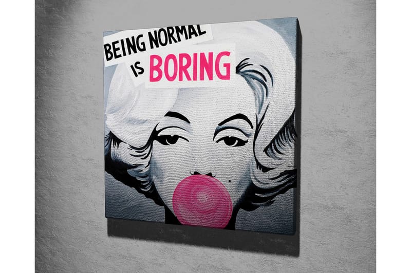 Canvas-taulu 45x45 cm - Muotokuva naisesta purukumin kanssa ja tekstillä BEING NORMAL IS BORING - Vaaleanpunainen / Musta / Harmaa - Sisustustuotteet - Taulu & taide - Canvas-taulu