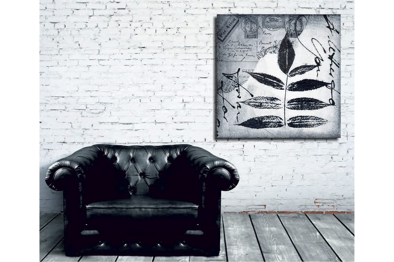 Canvas-taulu 45x45 cm - Musta lehtisiluetti harmaalla taustalla, käsinkirjoitettu teksti ja postileimat - Musta / Harmaa - Sisustustuotteet - Taulu & taide - Canvas-taulu