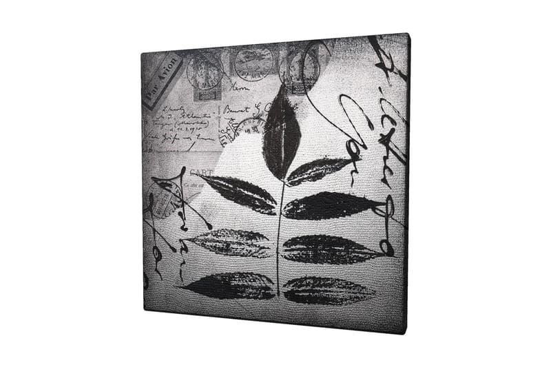 Canvas-taulu 45x45 cm - Musta lehtisiluetti harmaalla taustalla, käsinkirjoitettu teksti ja postileimat, Musta / Harmaa