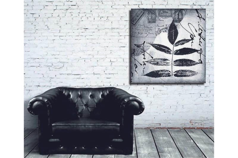 Canvas-taulu 45x45 cm - Musta lehtisiluetti harmaalla taustalla, käsinkirjoitettu teksti ja postileimat - Musta / Harmaa - Sisustustuotteet - Taulu & taide - Canvas-taulu