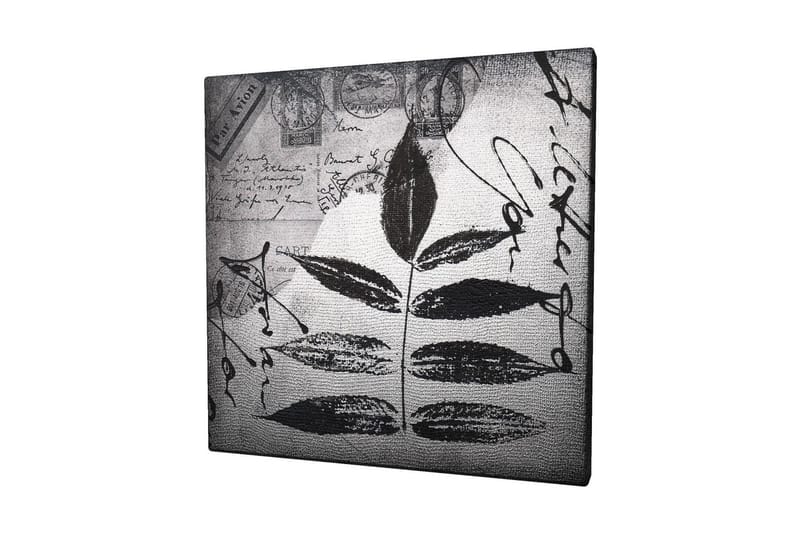 Canvas-taulu 45x45 cm - Musta lehtisiluetti harmaalla taustalla, käsinkirjoitettu teksti ja postileimat, Musta / Harmaa