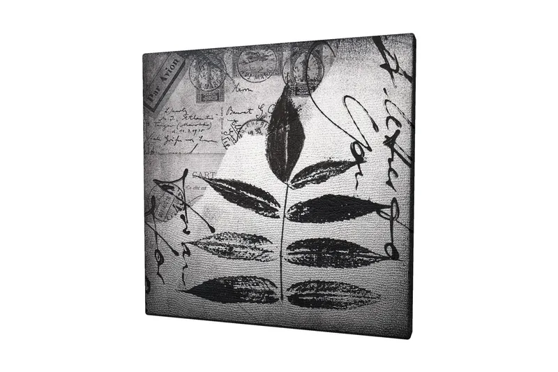 Canvas-taulu 45x45 cm - Musta lehtisiluetti harmaalla taustalla, käsinkirjoitettu teksti ja postileimat, Musta / Harmaa