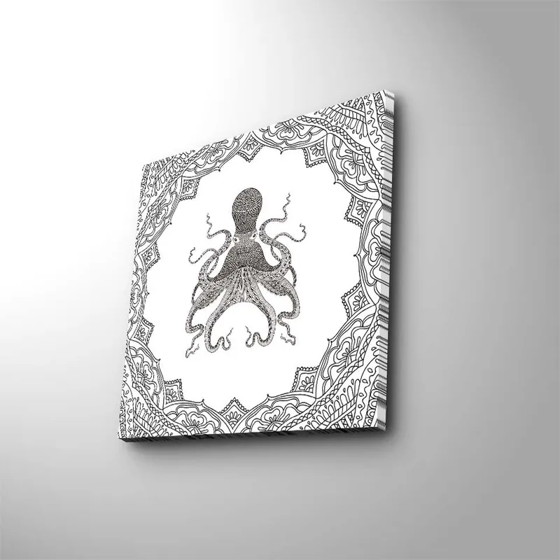 Canvas-taulu 45x45 cm - Mustalla musteella piirretty piirros mustekaalasta koristekehyksen ympäröimänä, Musta / Valkoinen