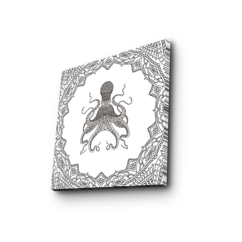 Canvas-taulu 45x45 cm - Mustalla musteella piirretty piirros mustekaalasta koristekehyksen ympäröimänä - Musta / Valkoinen - Sisustustuotteet - Taulu & taide - Canvas-taulu