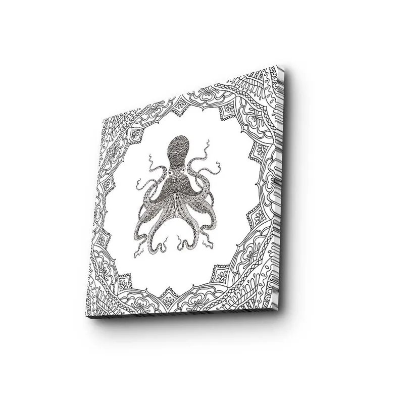 Canvas-taulu 45x45 cm - Mustalla musteella piirretty piirros mustekaalasta koristekehyksen ympäröimänä - Musta / Valkoinen - Sisustustuotteet - Taulu & taide - Canvas-taulu