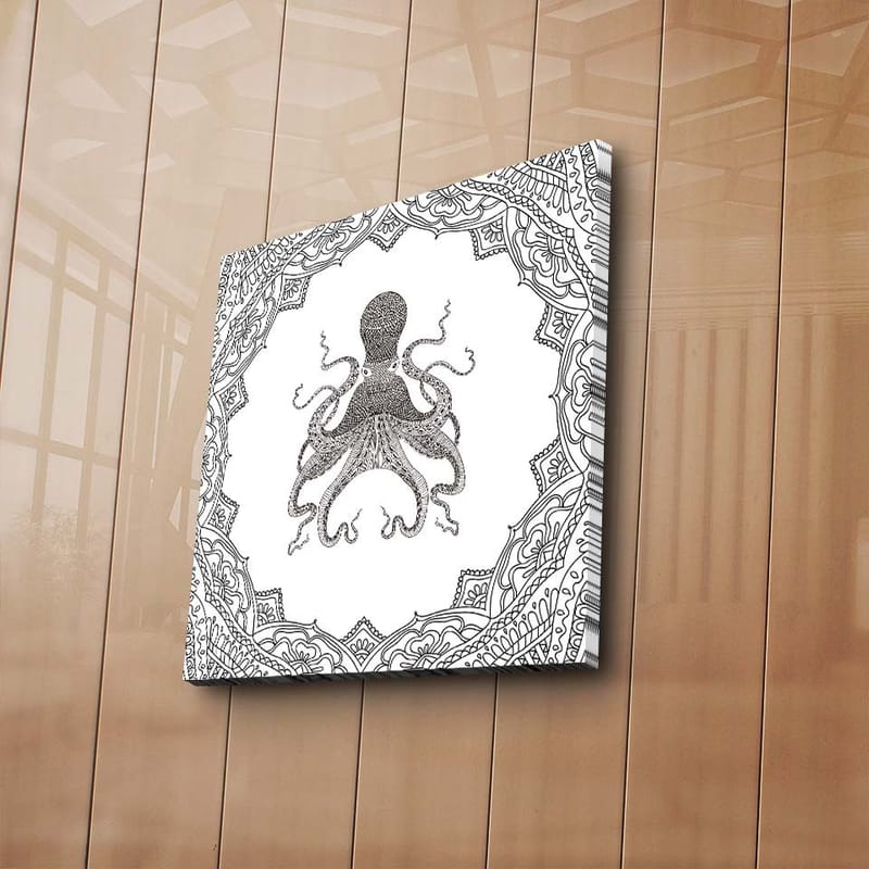 Canvas-taulu 45x45 cm - Mustalla musteella piirretty piirros mustekaalasta koristekehyksen ympäröimänä - Musta / Valkoinen - Sisustustuotteet - Taulu & taide - Canvas-taulu