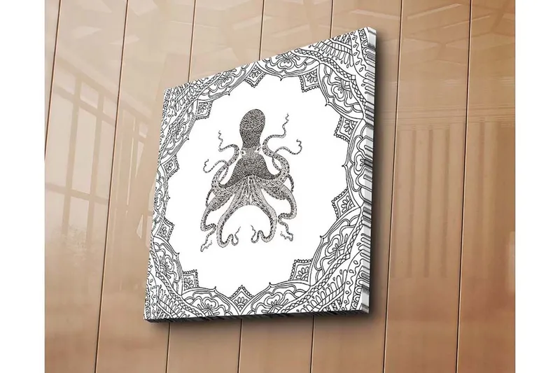 Canvas-taulu 45x45 cm - Mustalla musteella piirretty piirros mustekaalasta, jota ympäröivät monimutkaiset kuviot - Musta / Valkoinen - Sisustustuotteet - Taulu & taide - Canvas-taulu