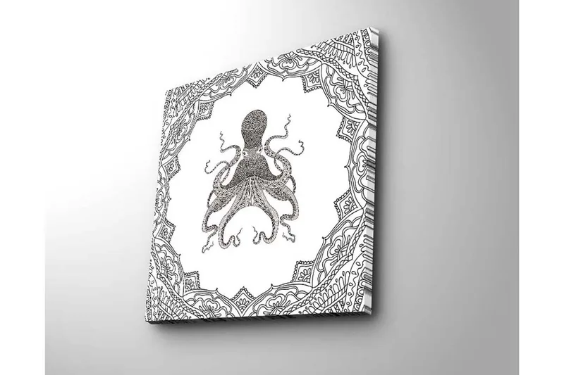 Canvas-taulu 45x45 cm - Mustalla musteella piirretty piirros mustekaalasta, jota ympäröivät monimutkaiset kuviot - Musta / Valkoinen - Sisustustuotteet - Taulu & taide - Canvas-taulu