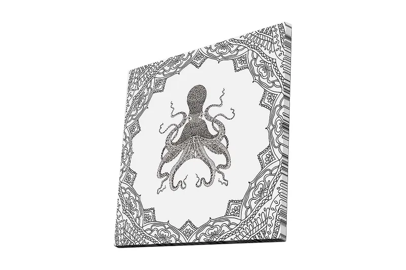 Canvas-taulu 45x45 cm - Mustalla musteella piirretty piirros mustekaalasta, jota ympäröivät monimutkaiset kuviot, Musta / Valkoinen