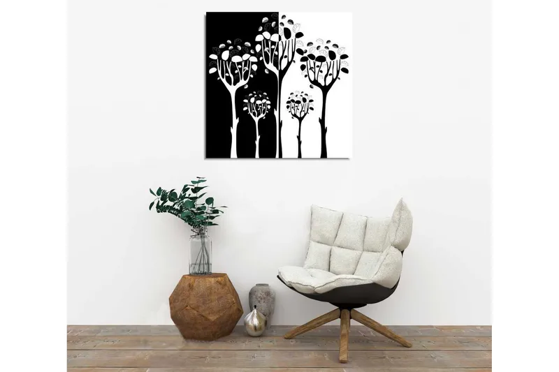 Canvas-taulu 45x45 cm - Mustavalkoiset puiden siluetit tyylitellyillä lehdillä - Musta / Valkoinen - Sisustustuotteet - Taulu & taide - Canvas-taulu