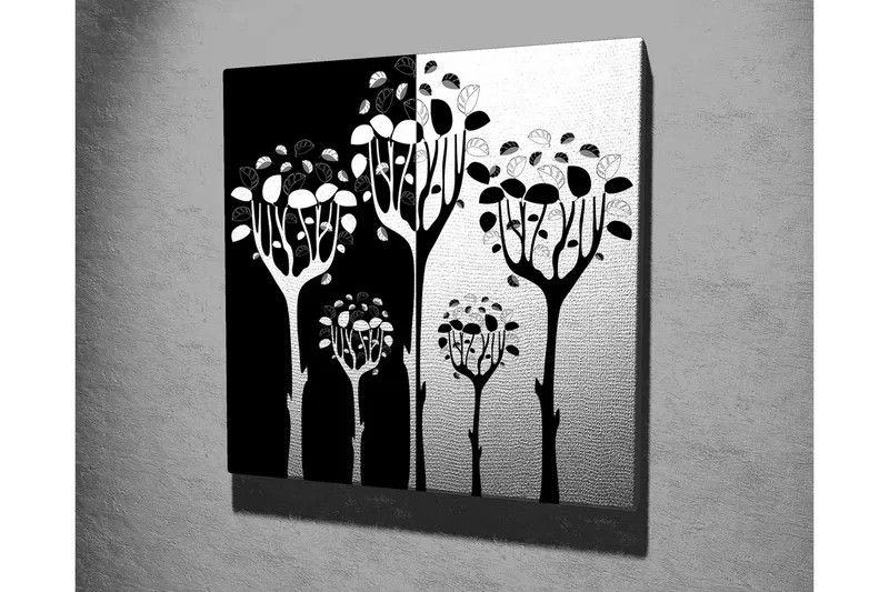Canvas-taulu 45x45 cm - Mustavalkoiset puiden siluetit tyylitellyillä lehdillä - Musta / Valkoinen - Sisustustuotteet - Taulu & taide - Canvas-taulu