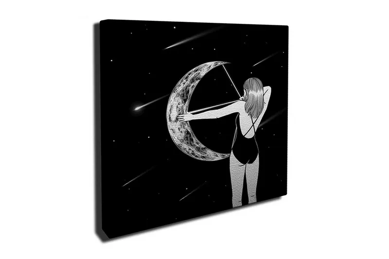 Canvas-taulu 45x45 cm - Nainen ampuu nuolta kuuhun, Musta / Harmaa / Valkoinen