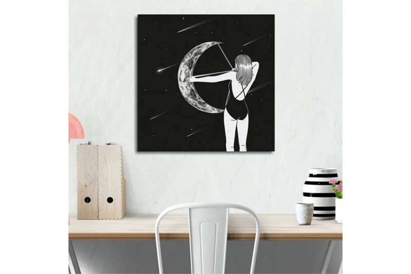 Canvas-taulu 45x45 cm - Nainen ampuu nuolta kuuhun - Musta / Harmaa / Valkoinen - Sisustustuotteet - Taulu & taide - Canvas-taulu