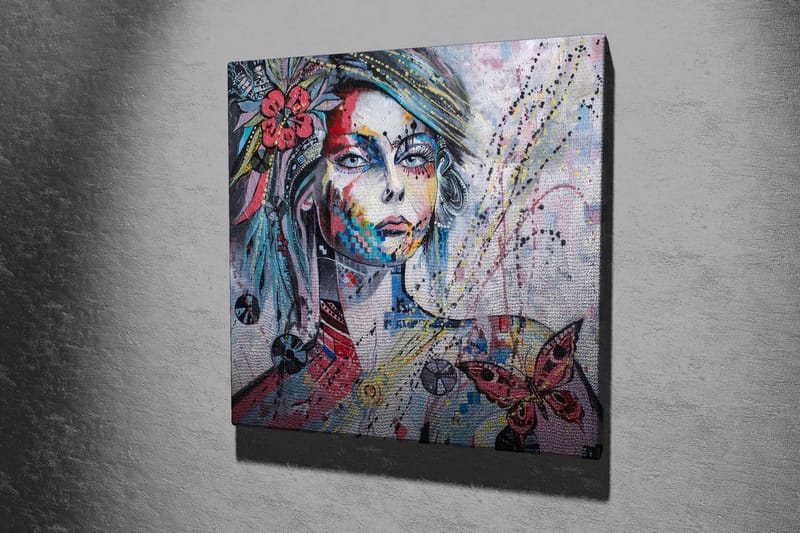 Canvas-taulu 45x45 cm - Naisen muotokuva värikkäillä yksityiskohdilla ja perhosilla - Vaaleanpunainen / Sininen / Vihreä - Sisustustuotteet - Taulu & taide - Canvas-taulu