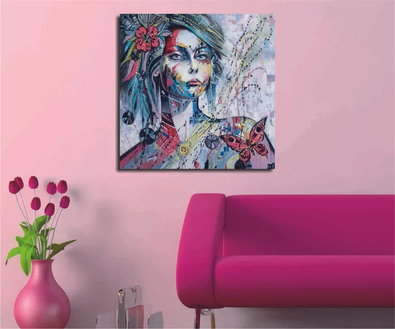 Canvas-taulu 45x45 cm - Naisen muotokuva värikkäillä yksityiskohdilla ja perhosilla, Vaaleanpunainen / Sininen / Vihreä