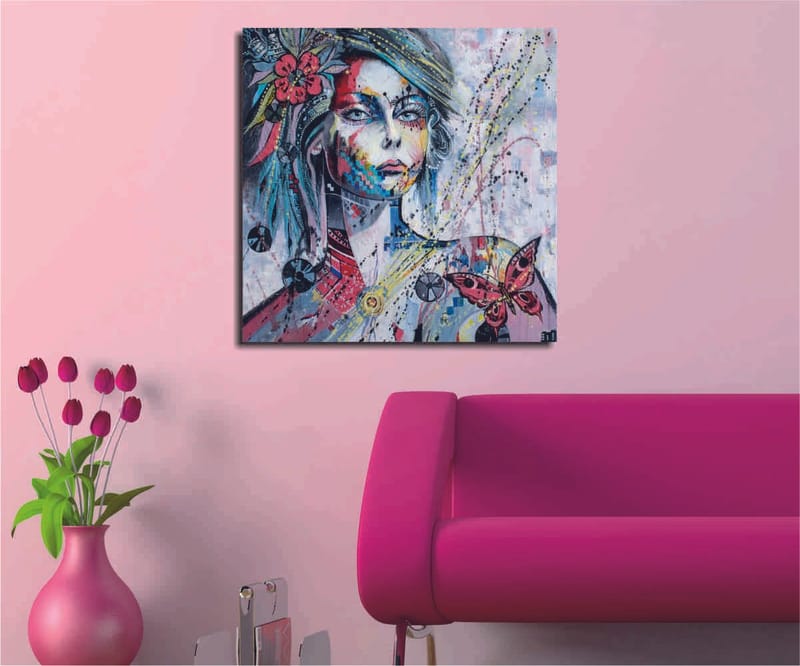 Canvas-taulu 45x45 cm - Naisen muotokuva värikkäillä yksityiskohdilla ja perhosilla, Vaaleanpunainen / Sininen / Vihreä