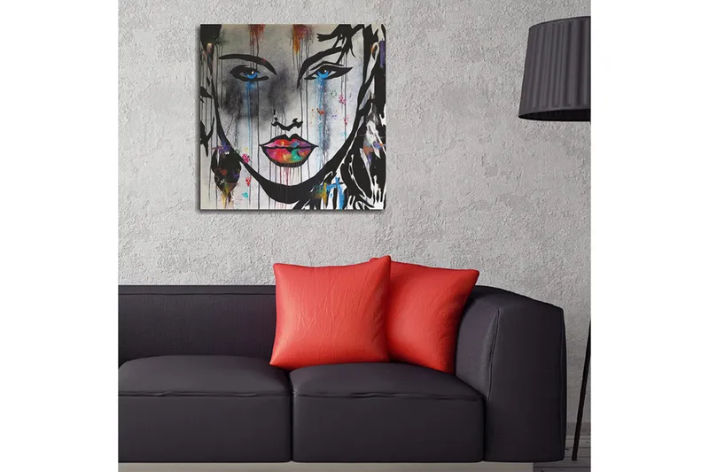 Canvas-taulu 45x45 cm - Naisen muotokuva vahvoilla väreillä ja ilmeikkäillä piirteillä - Musta / Sininen / Vaaleanpunainen - Sisustustuotteet - Taulu & taide - Canvas-taulu