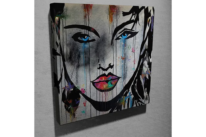 Canvas-taulu 45x45 cm - Naisen muotokuva vahvoilla väreillä ja ilmeikkäillä piirteillä - Musta / Sininen / Vaaleanpunainen - Sisustustuotteet - Taulu & taide - Canvas-taulu