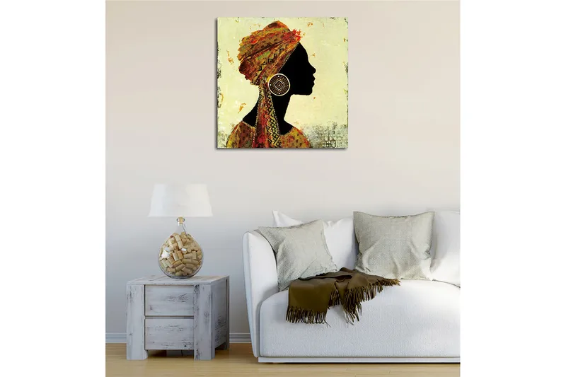 Canvas-taulu 45x45 cm - Naisen siluetti perinteisessä päähineessä ja suurissa korvakoruissa, Musta / Kulta / Oranssi