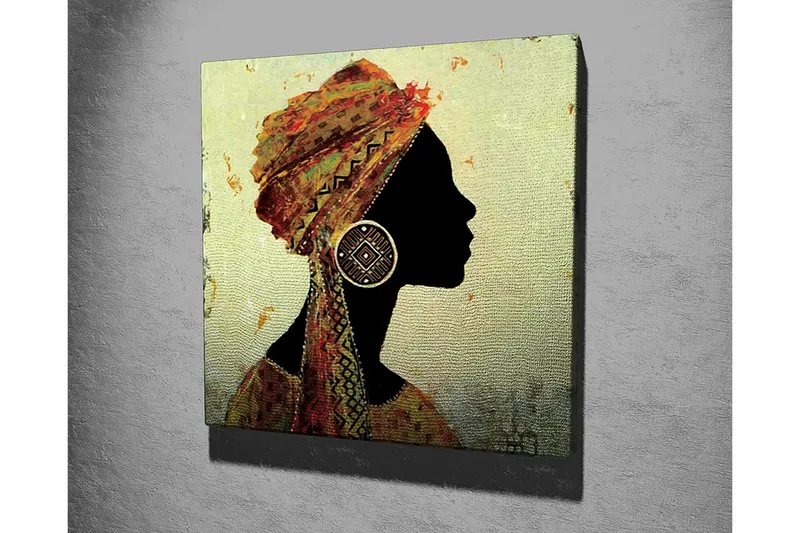 Canvas-taulu 45x45 cm - Naisen siluetti perinteisessä päähineessä ja suurissa korvakoruissa - Musta / Kulta / Oranssi - Sisustustuotteet - Taulu & taide - Canvas-taulu