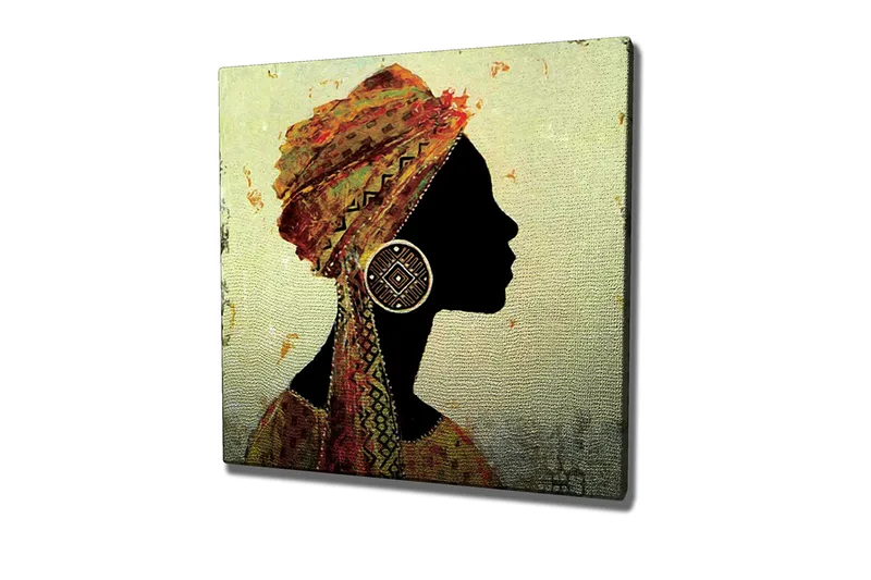 Canvas-taulu 45x45 cm - Naisen siluetti perinteisessä päähineessä ja suurissa korvakoruissa - Musta / Kulta / Oranssi - Sisustustuotteet - Taulu & taide - Canvas-taulu