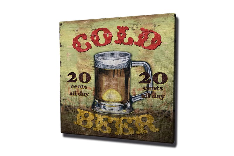 Canvas-taulu 45x45 cm - Olutmuki tekstillä Cold Beer ja hintatiedoilla, Vihreä / Ruskea / Punainen