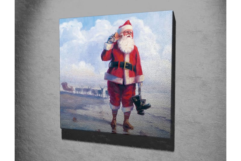 Canvas-taulu 45x45 cm - Onnellinen joulupukki meren rannalla saappaat kädessään - Punainen / Valkoinen / Sininen - Sisustustuotteet - Taulu & taide - Canvas-taulu
