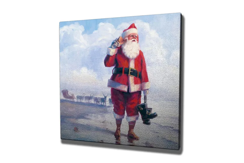 Canvas-taulu 45x45 cm - Onnellinen joulupukki meren rannalla saappaat kädessään - Punainen / Valkoinen / Sininen - Sisustustuotteet - Taulu & taide - Canvas-taulu