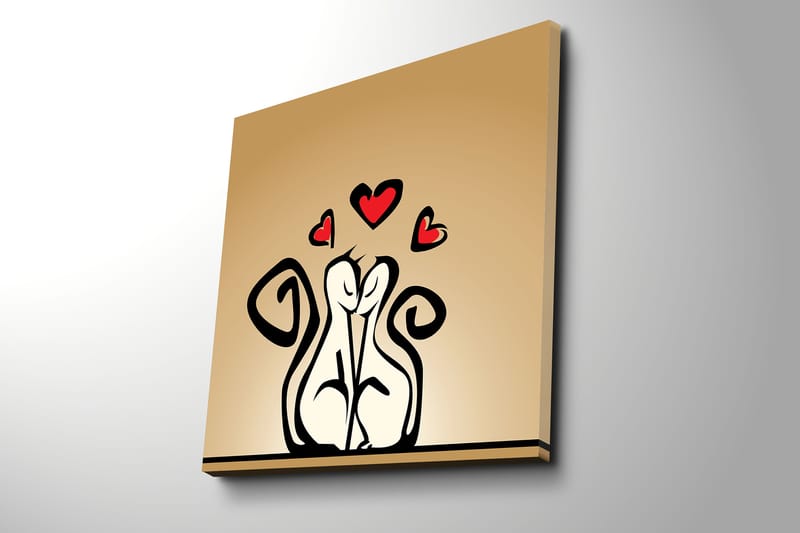 Canvas-taulu 45x45 cm - Rakastava pari tyyliteltyjä hahmoja, joiden yläpuolella on sydämiä - Musta / Punainen / Beige - Sisustustuotteet - Taulu & taide - Canvas-taulu