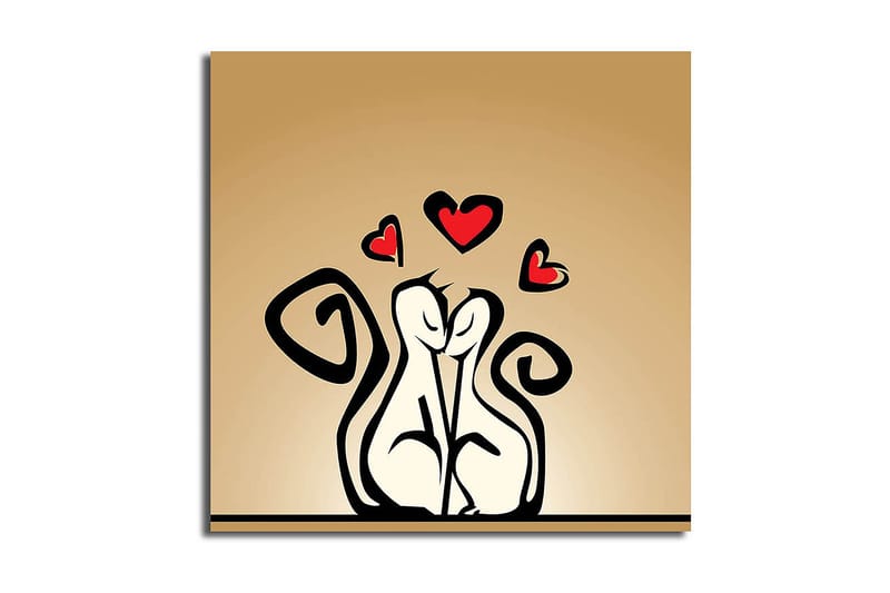 Canvas-taulu 45x45 cm - Rakastava pari tyyliteltyjä hahmoja, joiden yläpuolella on sydämiä, Musta / Punainen / Beige