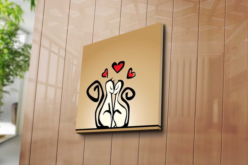 Canvas-taulu 45x45 cm - Rakastava pari tyyliteltyjä hahmoja, joiden yläpuolella on sydämiä - Musta / Punainen / Beige - Sisustustuotteet - Taulu & taide - Canvas-taulu