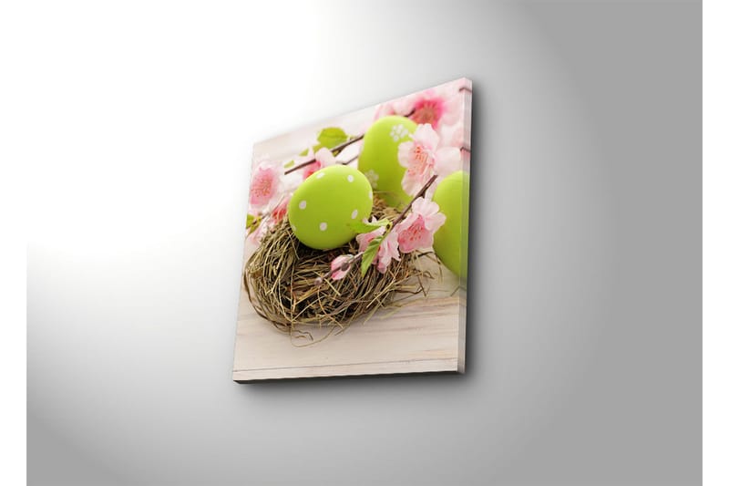 Canvas-taulu 45x45 cm - Reheviä pääsiäismunia pesässä kukkien ympäröimänä - Vihreä / Vaaleanpunainen / Ruskea - Sisustustuotteet - Taulu & taide - Canvas-taulu