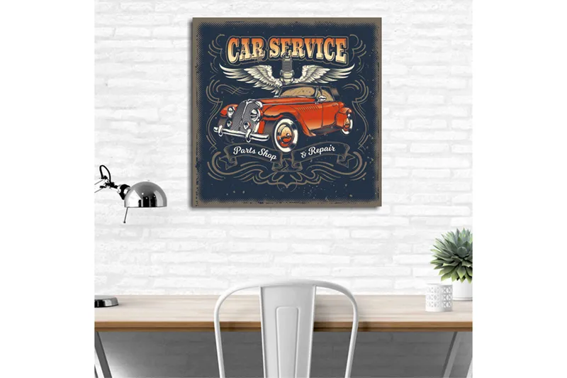 Canvas-taulu 45x45 cm - Retroauto siivillä ja tekstillä autohuolto - Punainen / Sininen / Valkoinen - Sisustustuotteet - Taulu & taide - Canvas-taulu