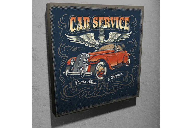 Canvas-taulu 45x45 cm - Retroauto siivillä ja tekstillä autohuolto - Punainen / Sininen / Valkoinen - Sisustustuotteet - Taulu & taide - Canvas-taulu