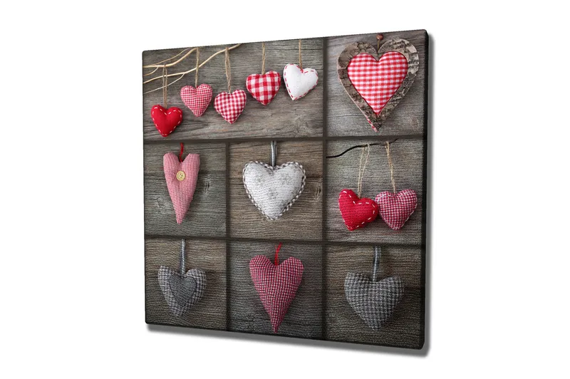 Canvas-taulu 45x45 cm - Roikkuvia sydämiä eri kuvioissa ja väreissä, Punainen / Harmaa / Valkoinen