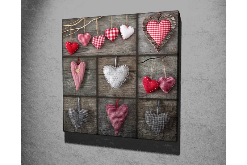 Canvas-taulu 45x45 cm - Roikkuvia sydämiä eri kuvioissa ja väreissä - Punainen / Harmaa / Valkoinen - Sisustustuotteet - Taulu & taide - Canvas-taulu