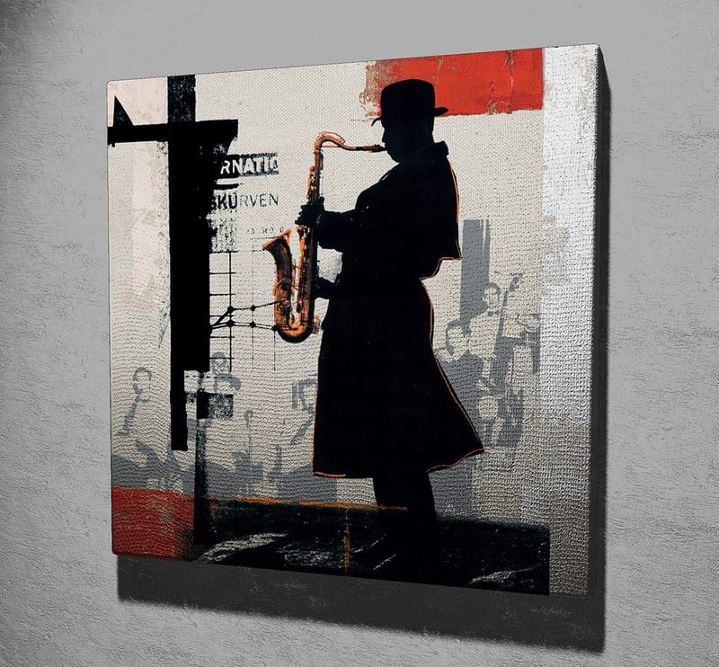 Canvas-taulu 45x45 cm - Saksofonistin siluetti kaupunkiympäristössä - Musta / Punainen / Beige - Sisustustuotteet - Taulu & taide - Canvas-taulu