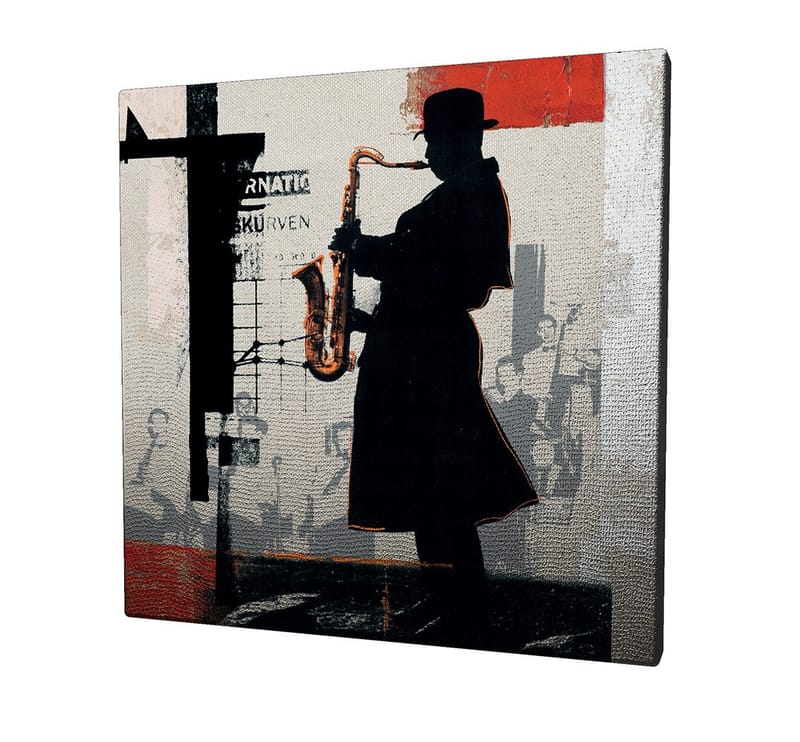 Canvas-taulu 45x45 cm - Saksofonistin siluetti kaupunkiympäristössä - Musta / Punainen / Beige - Sisustustuotteet - Taulu & taide - Canvas-taulu